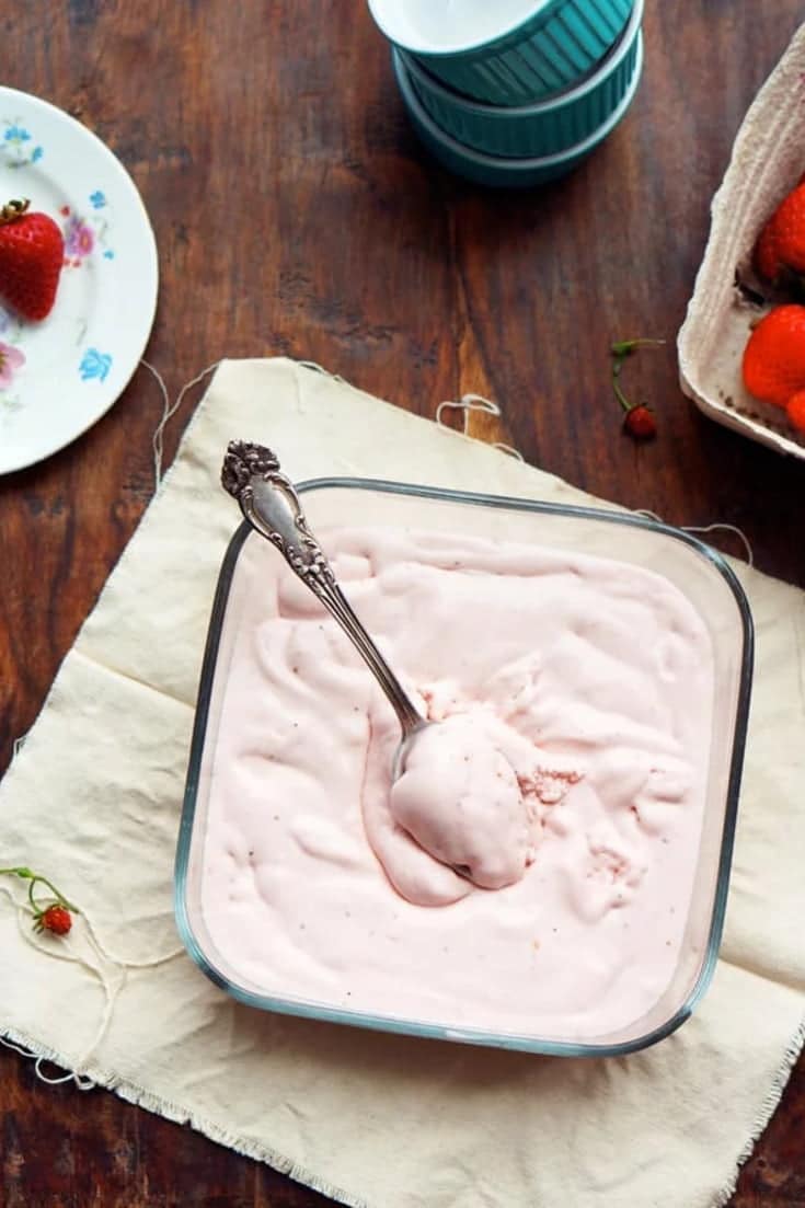 This homemade, no churn, Roasted Strawberry Buttermilk Ice Cream is so creamy and refreshing. The strawberries are roasted to deepen their flavour. Try this frozen treat recipe this summer!
