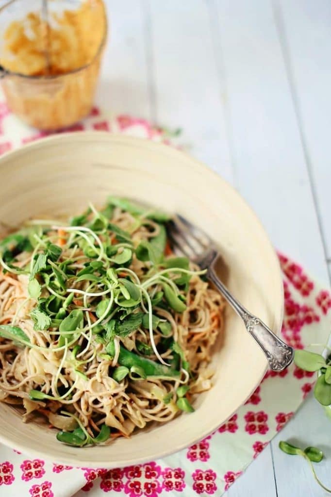 This Soba Cabbage Noodle Salad recipe is so addictive and perfect for summer! Packed with crisp veggies, served cold and dressed with an asian-style homemade peanut dressing - this healthy salad recipe is one of my favs!