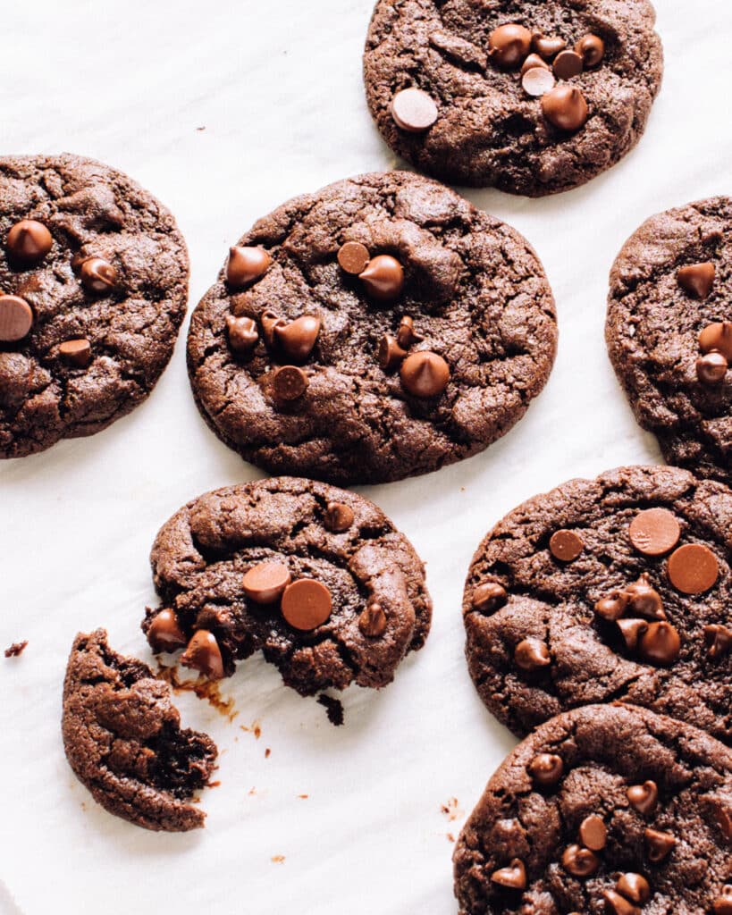 Mint Chocolate Cookies with Chocolate Chips on a sheet of parchment paper.