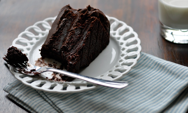 moist chocolate cake on a plate with a fork