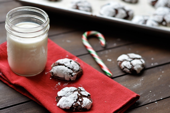 Chocolate snowball cookies on a red napkin with a glass of milk.