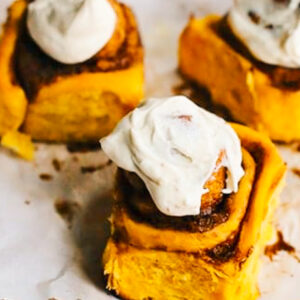 Pumpkin Cinnamon Rolls with cream cheese frosting.