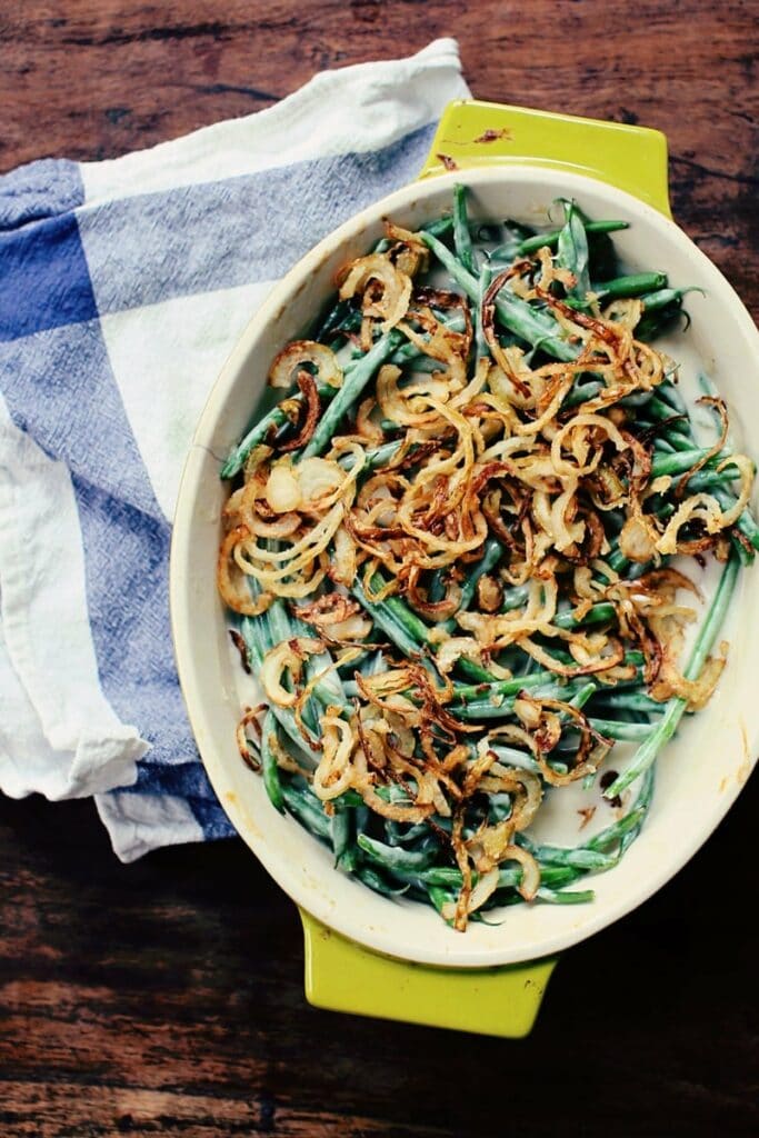 Green bean casserole with fried onions. 
