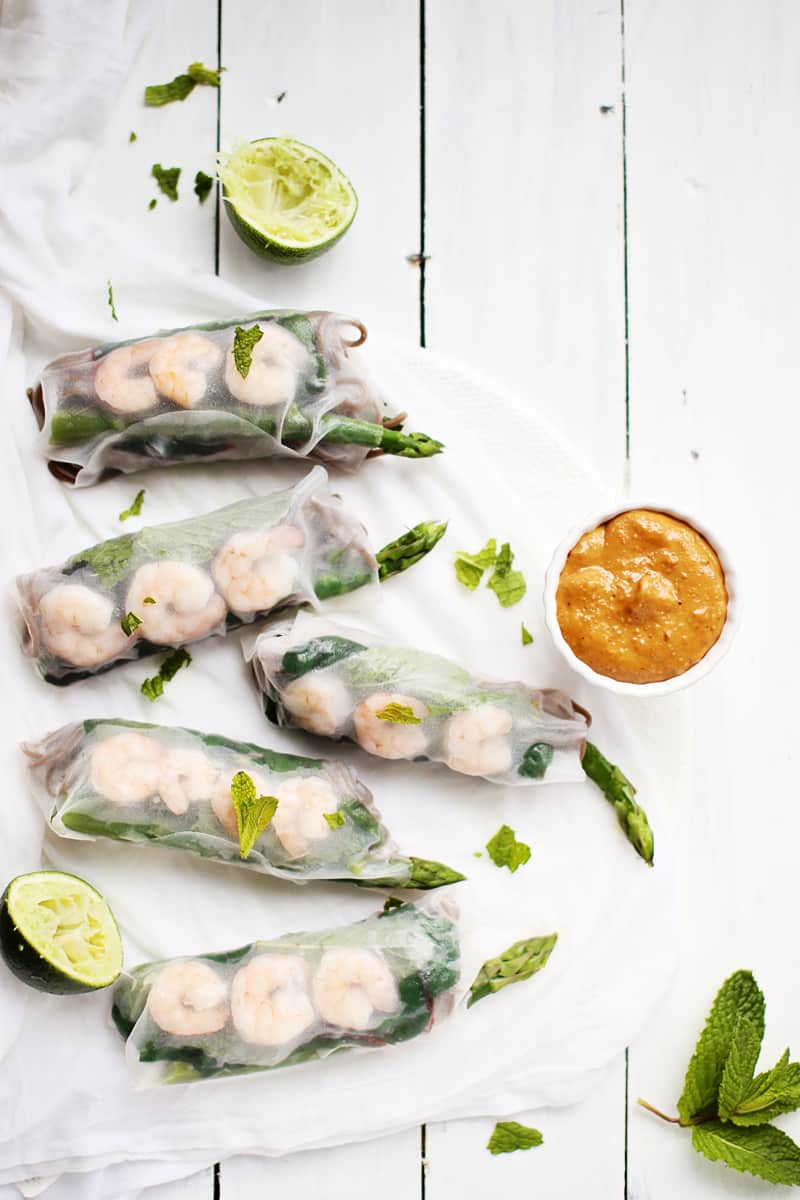 Asparagus, Chard & Soba Summer Rolls with Spicy Peanut Sauce - Foodess
