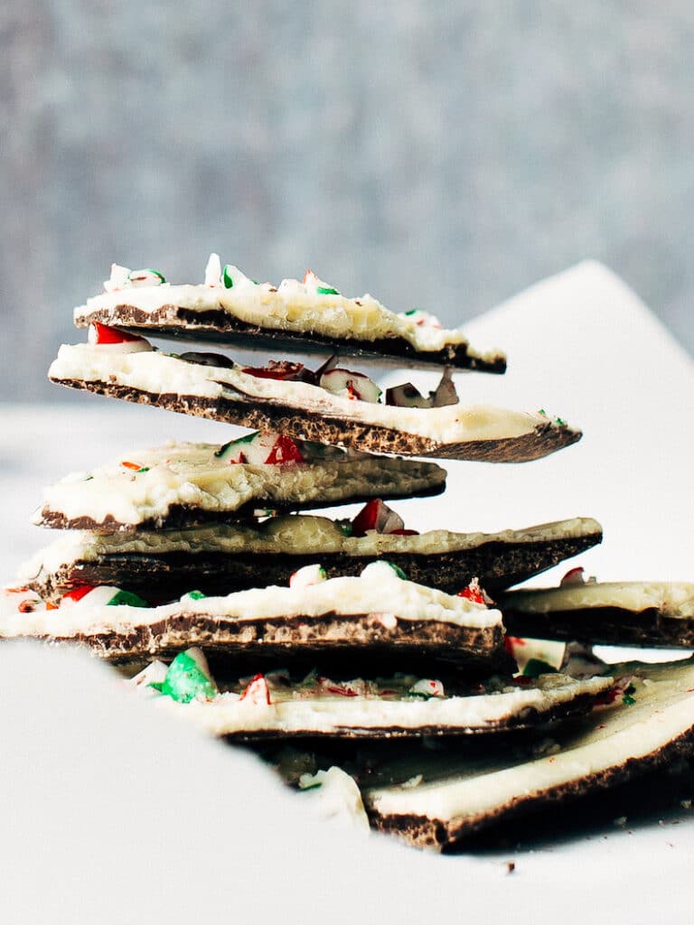 stack of pieces of peppermint candy cane bark