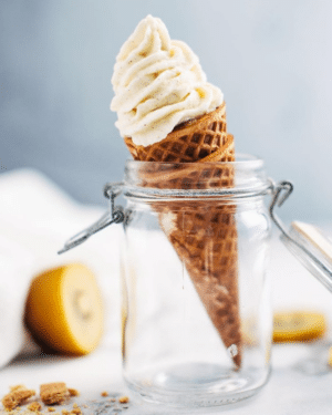 homemade kiwi frozen yogurt in a cone