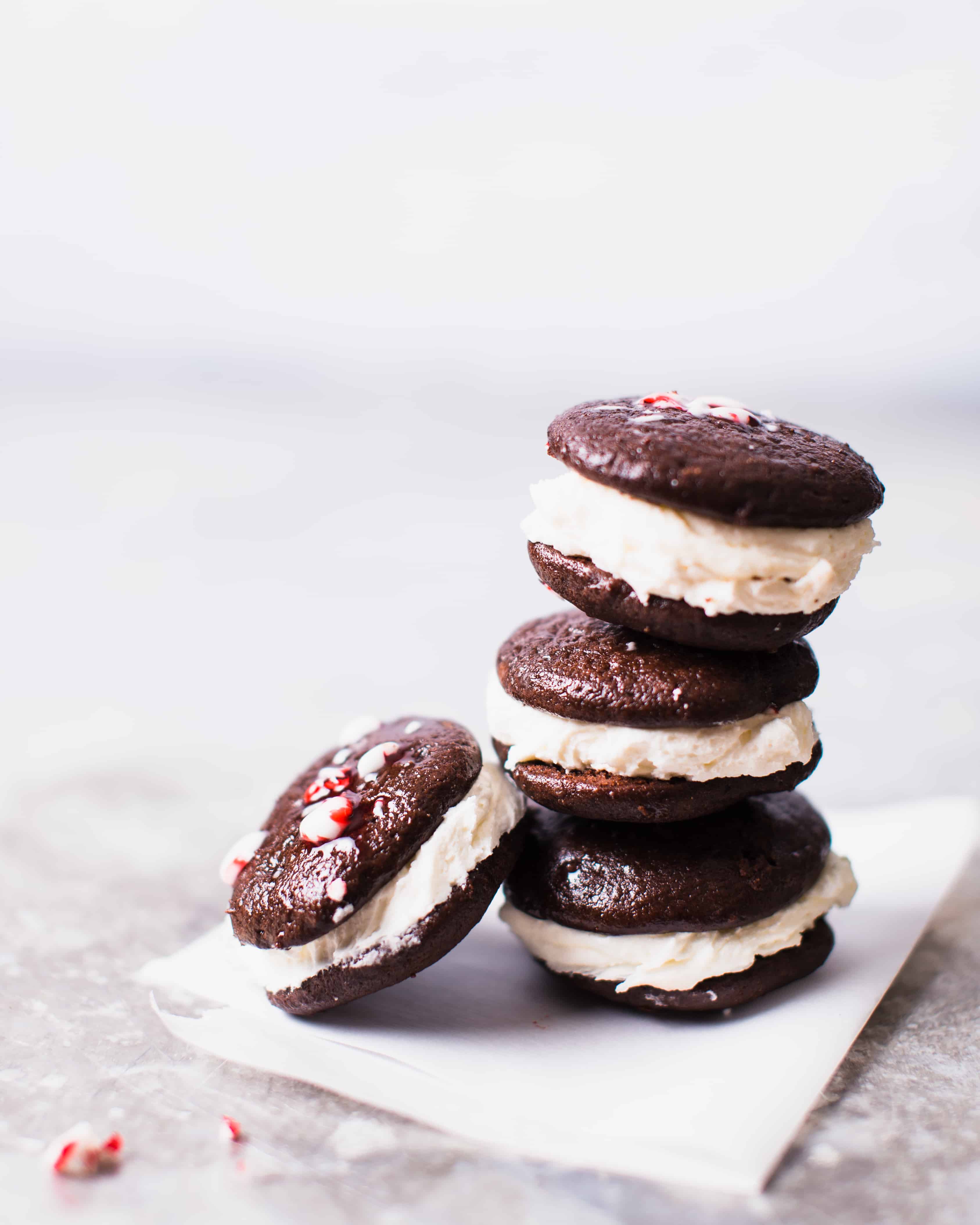 A stack of peppermint whoopie pies.