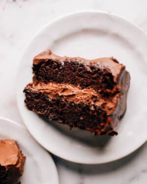 A slice of homemade moist chocolate cake on a plate.