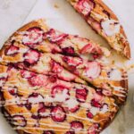 Strawberry buttermilk cake with vanilla glaze.