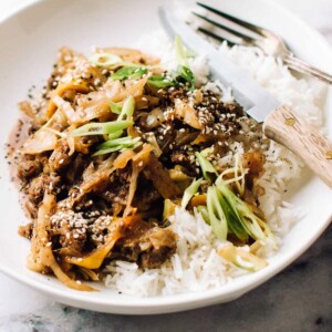 Ground Beef Stir Fry in a bowl with rice.