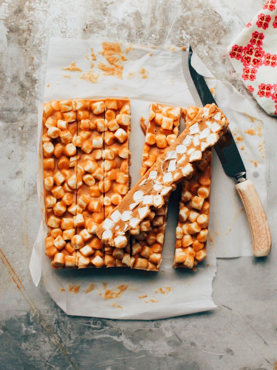 peanut butter marshmallow butterscotch treats cut into strips