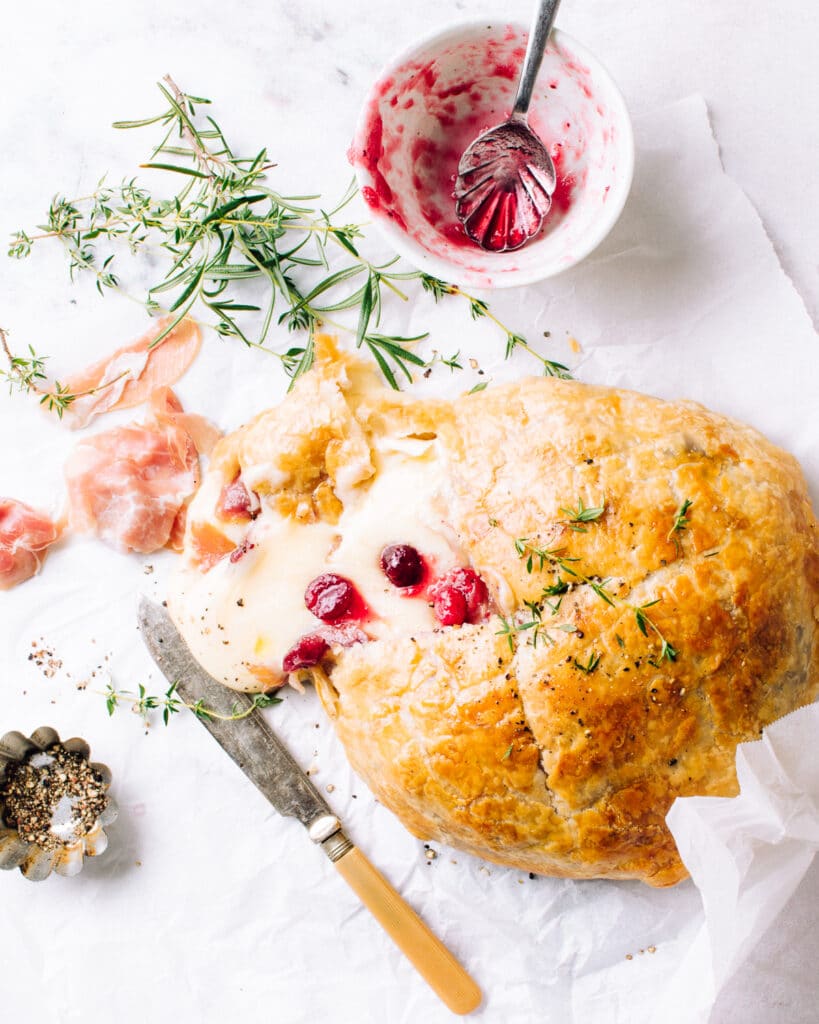 Puff Pastry Baked Brie with cranberries.