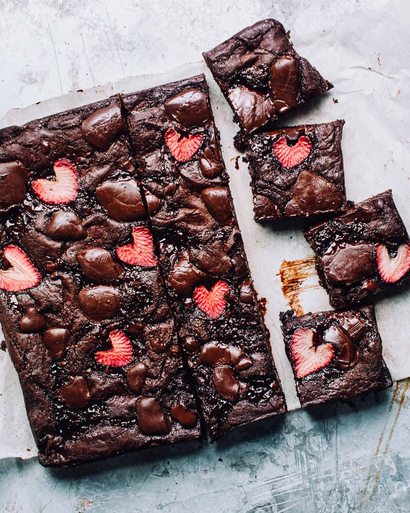 Square-sliced strawberry brownies