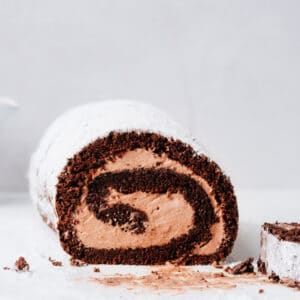 Sliced Chocolate Swiss Roll Cake on the counter.