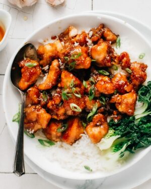 Healthy Honey Garlic Chicken on a plate with bok choy