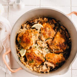 One Pot Easy Oven Baked Chicken and Rice with Lemon and Mushrooms