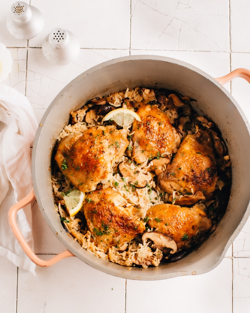 One Pot Easy Oven Baked Chicken and Rice with Lemon and Mushrooms