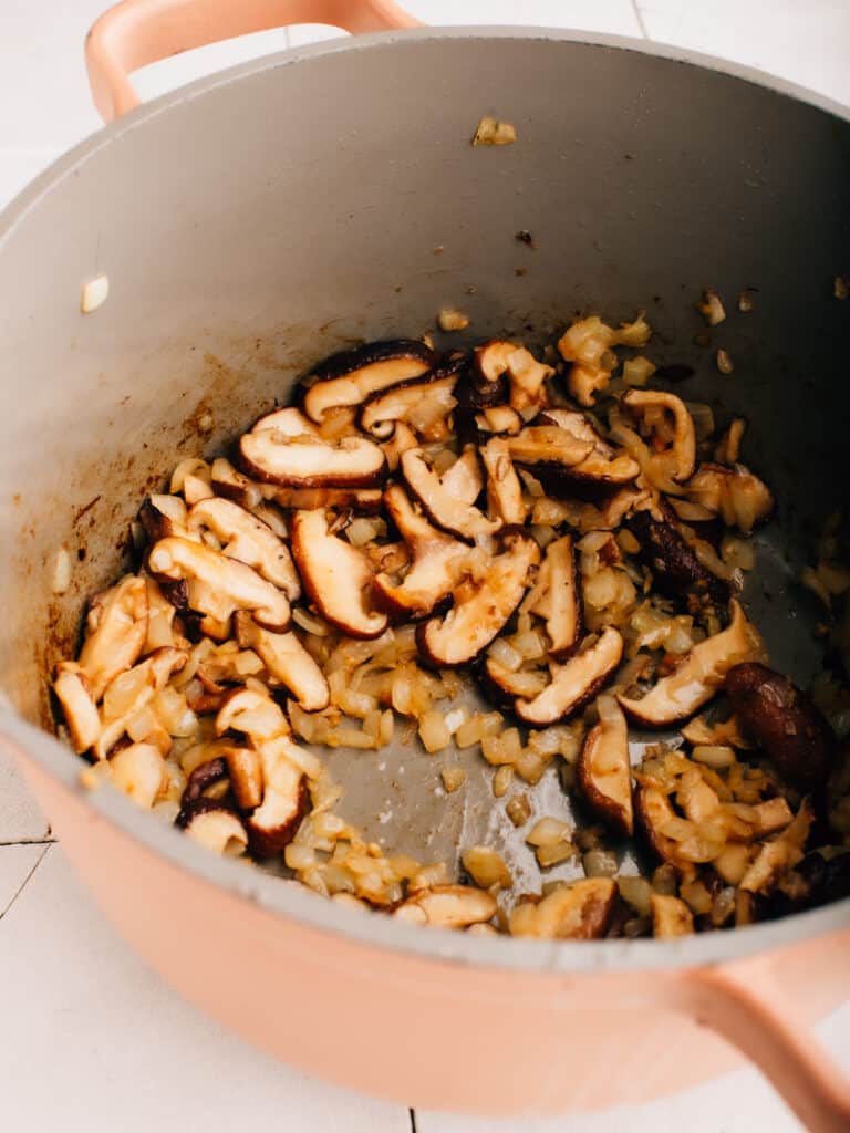 Cooking mushrooms for oven-baked chicken and rice