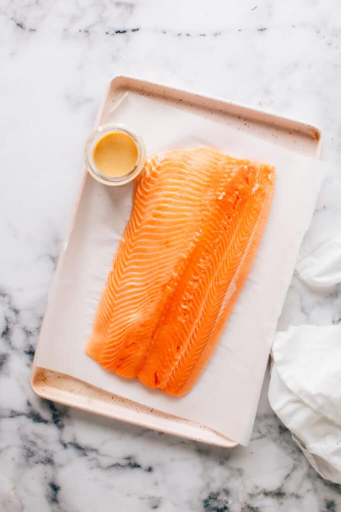 Raw salmon for the Baked Salmon with Mayonnaise Recipe