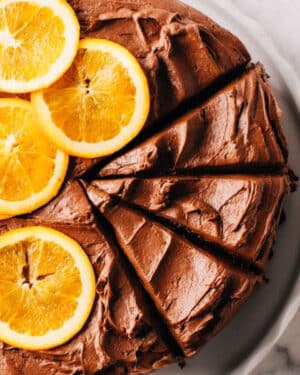 Chocolate Orange Cake with slices of fresh orange on top.