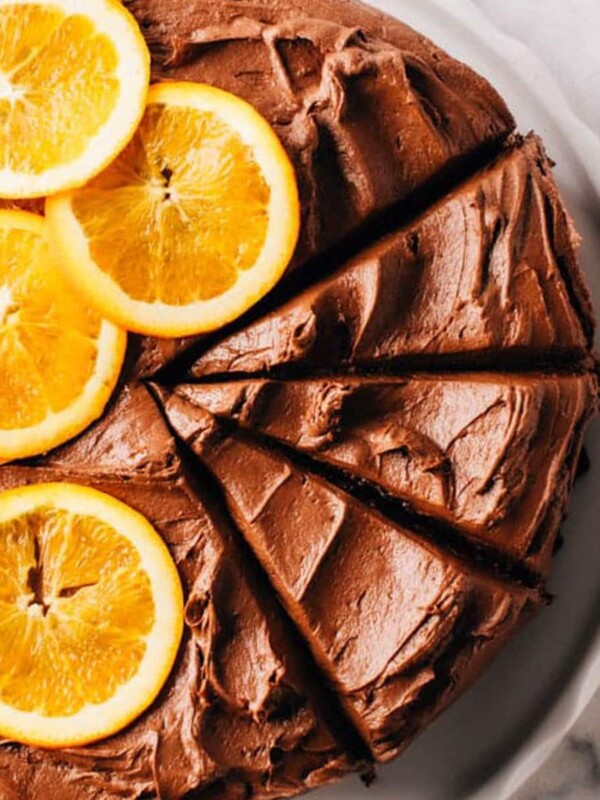 Chocolate Orange Cake with slices of fresh orange on top.