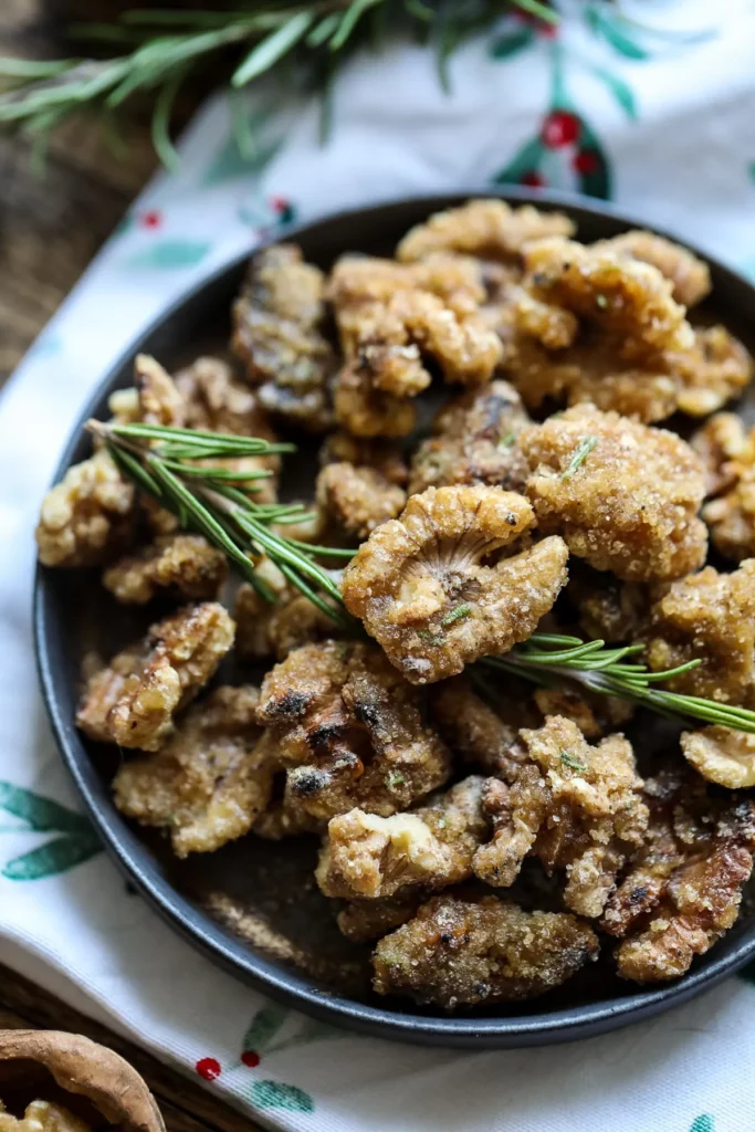 Bowl of No-bake Salted Caramel Candied Walnuts with Rosemary