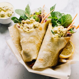 Indian Chickpea Salad in wraps with veggies.
