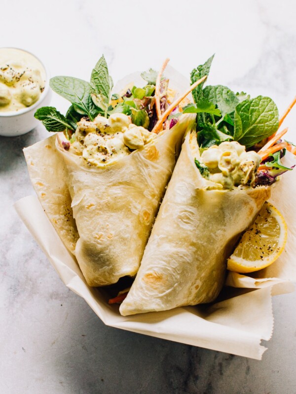 Indian Chickpea Salad in wraps with veggies.