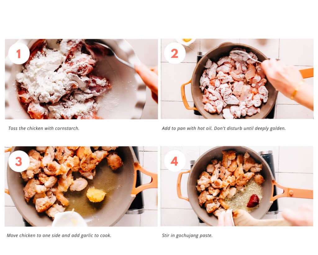Numbered photo collage of the first 4 steps for making gochujang chicken.