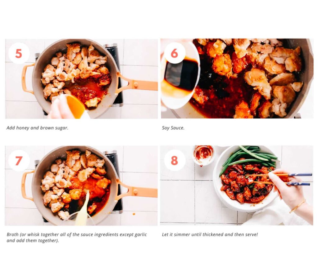 Numbered photos of the last 4 steps for making gochujang chicken.