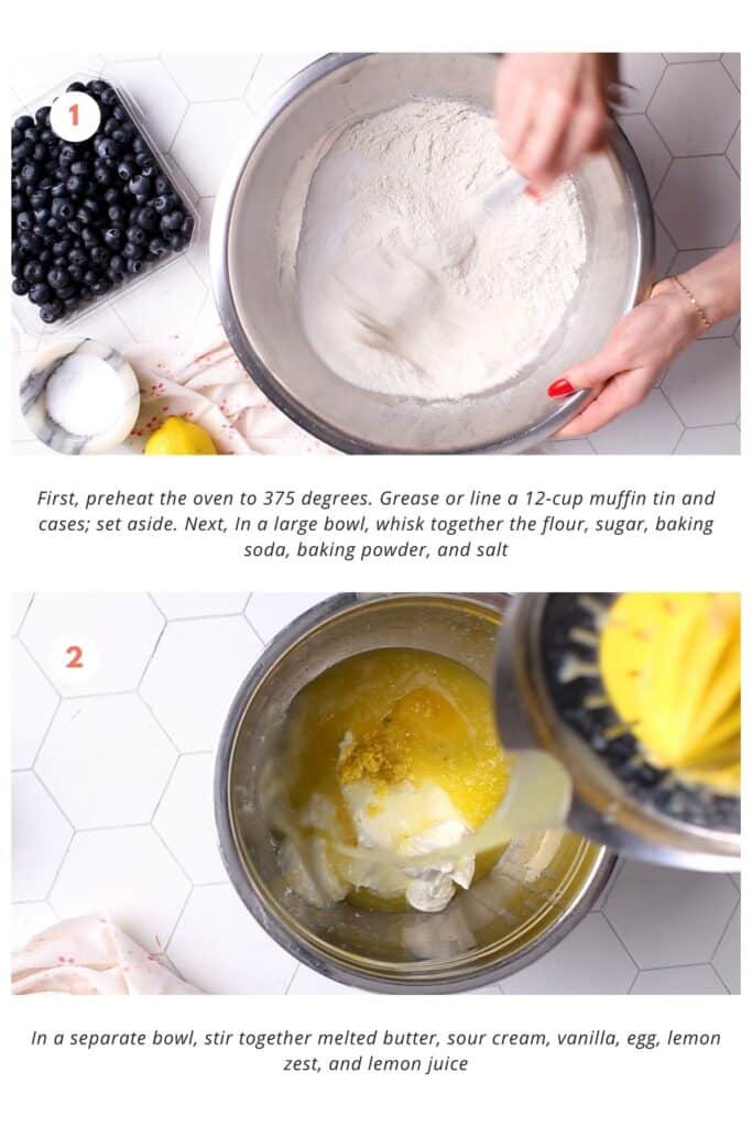 Two bowls, one containing dry ingredients such as flour, sugar, baking powder, etc and the other containing wet ingredients such as eggs, sour cream, lemon juice, etc.