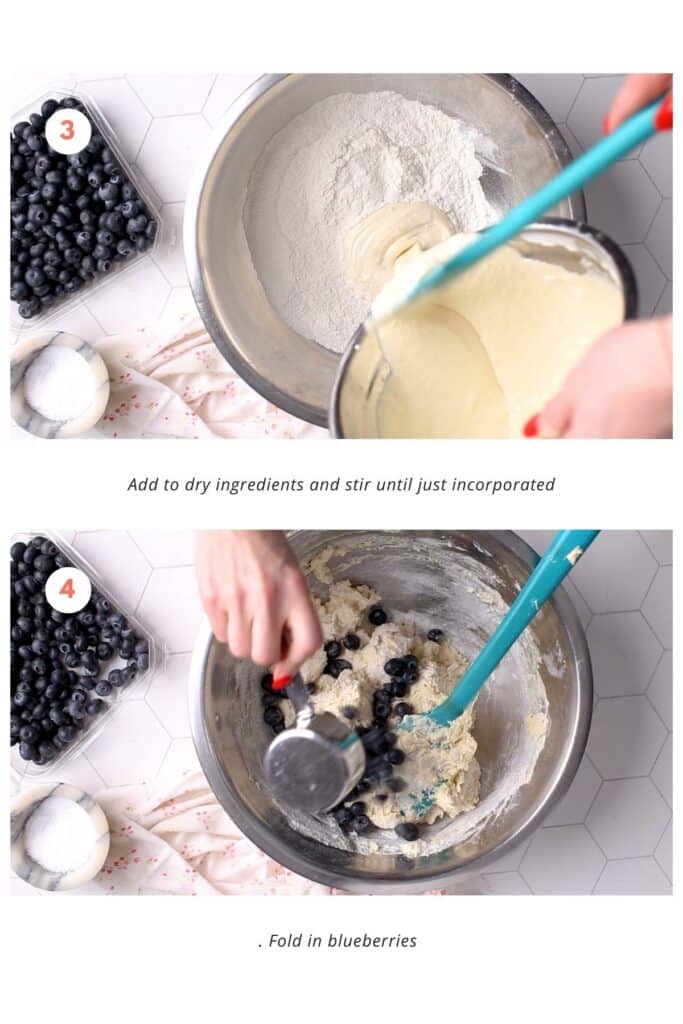 With a spatula in hand wet ingredients are added to the dry mixture. The ingredients are being stirred until they are fully incorporated. Fresh blueberries are then added and carefully folded into the batter with a spatula.