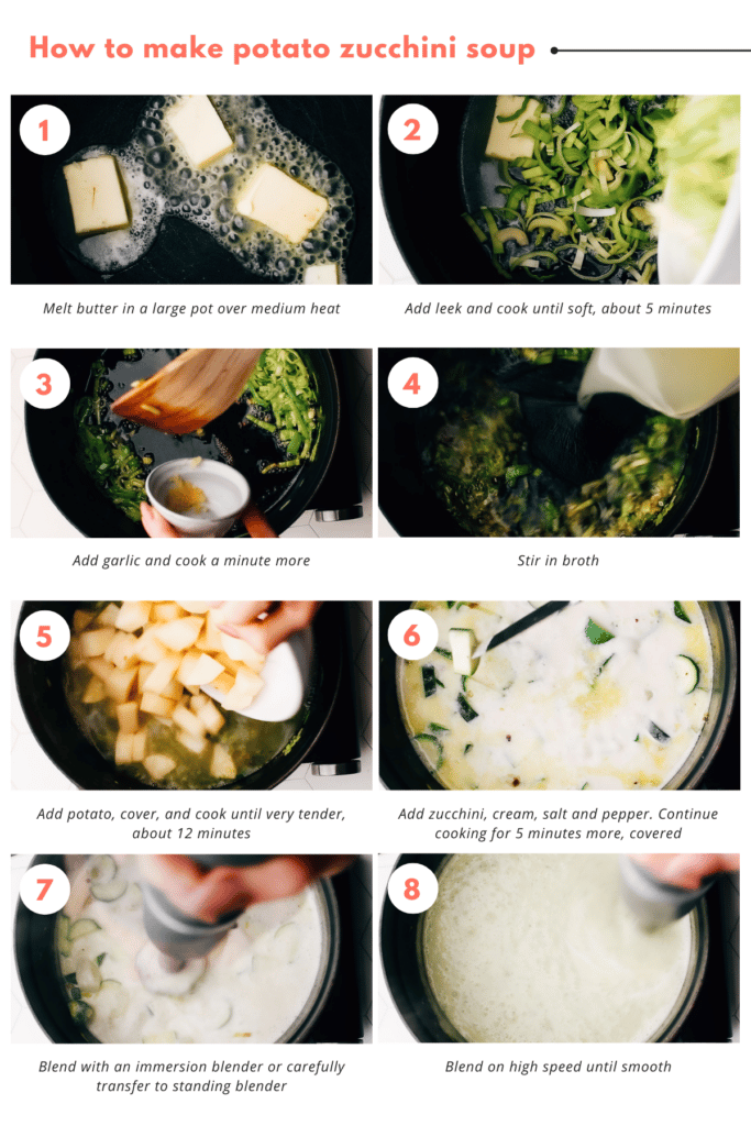 step-by-step instructions for making potato zucchini soup.