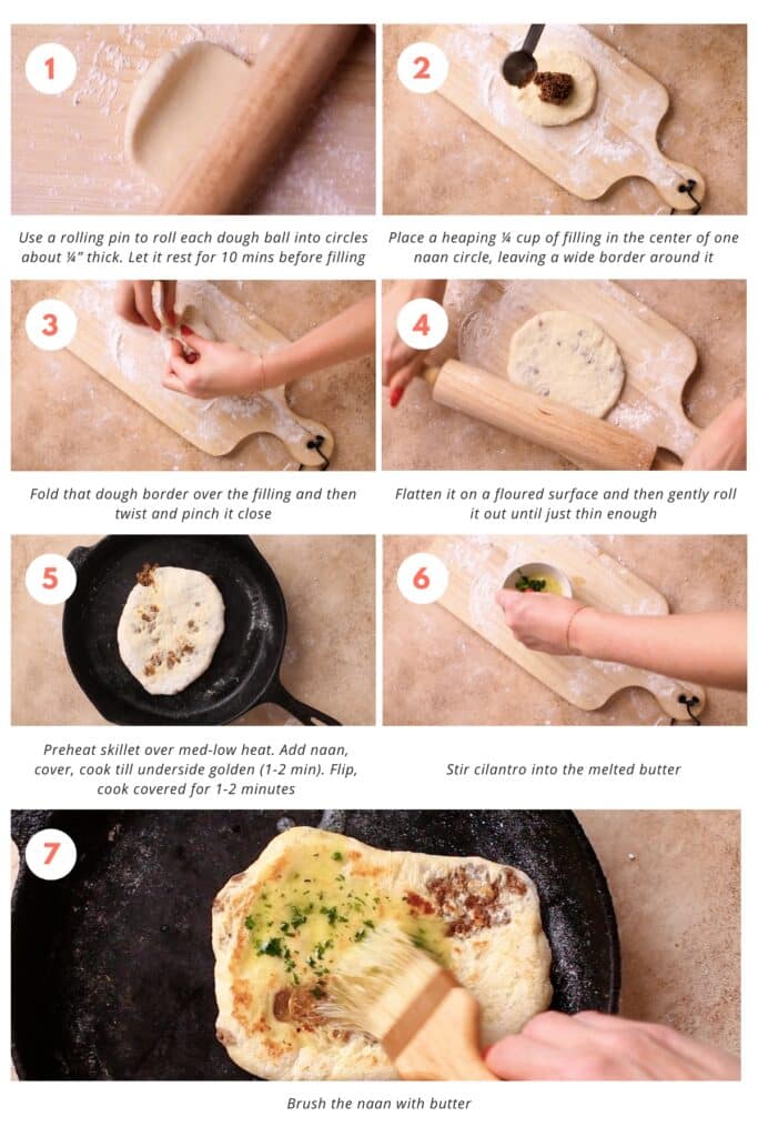 Step-by-step photo instructions to assemble a delicious keema naan, from filling in the dough to cooking on an iron skillet