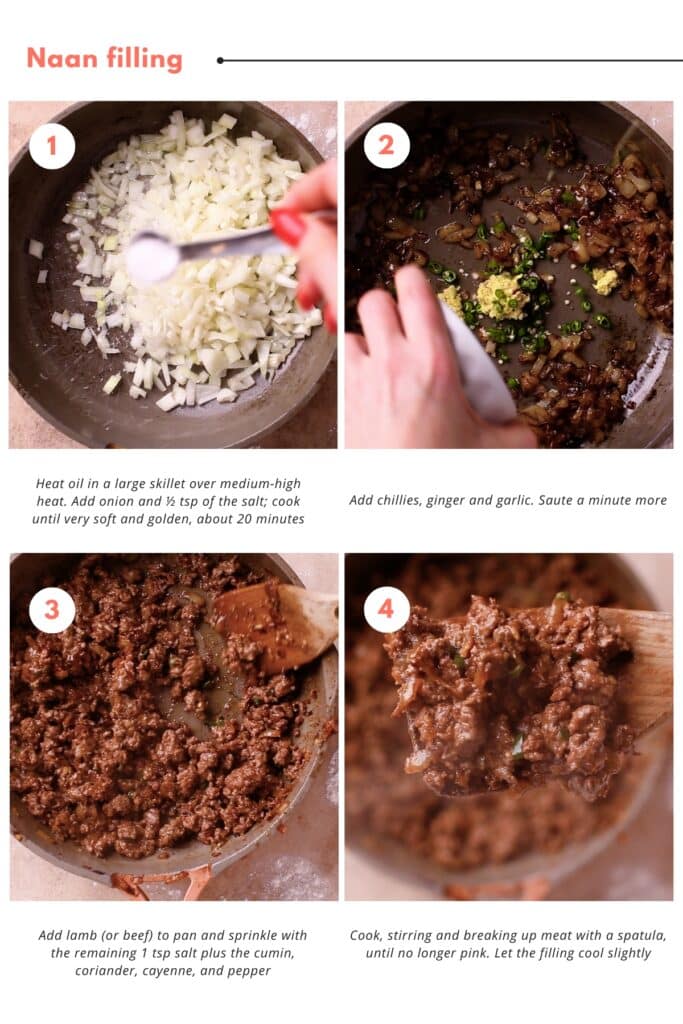 Step-by-step photo instructions to prepare a delicious keema naan filling with minced meat, onions, and spices