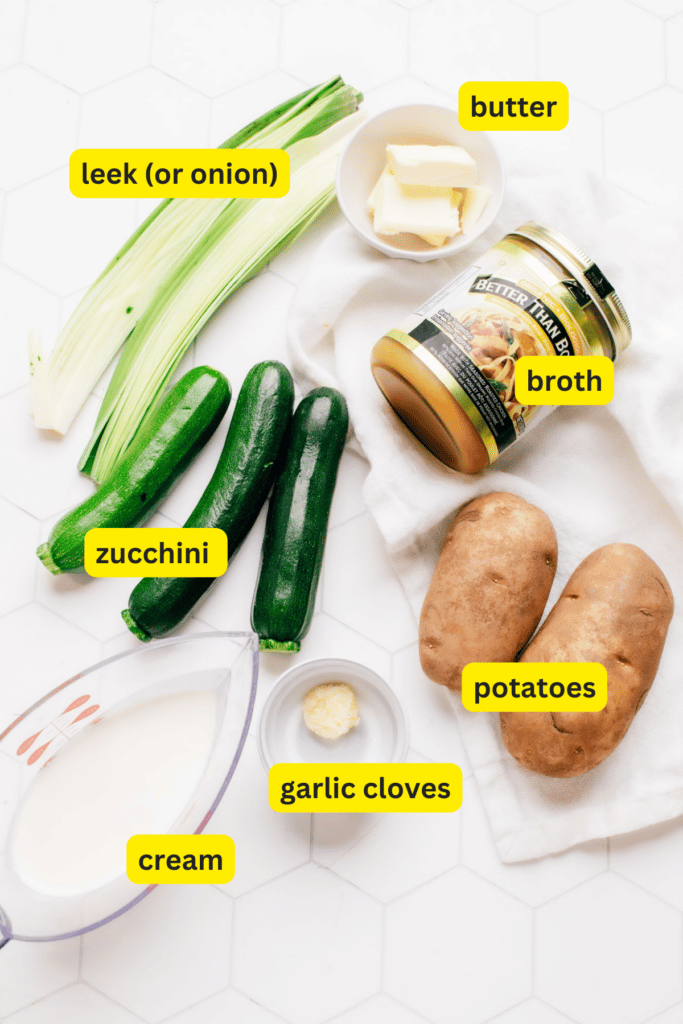 Ingredients for potato zucchini soup on a countertop