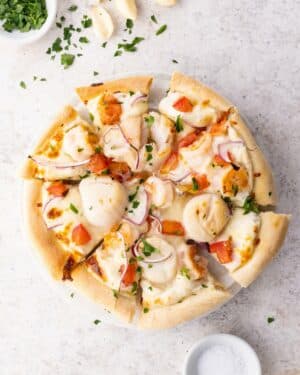 Seafood Pizza on a counter.