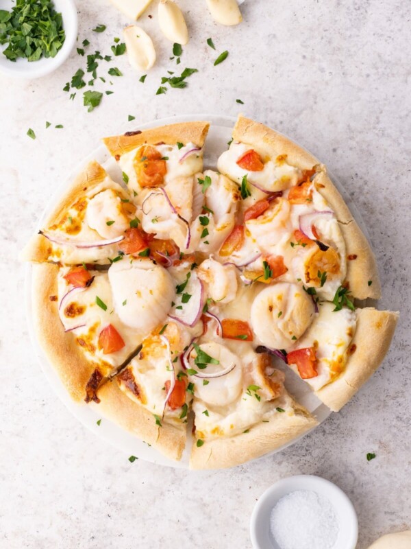 Seafood Pizza on a counter.