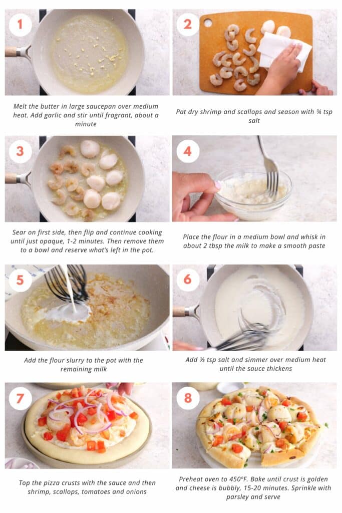 Step-by-step instructions to make garlic cream sauce for seafood pizza