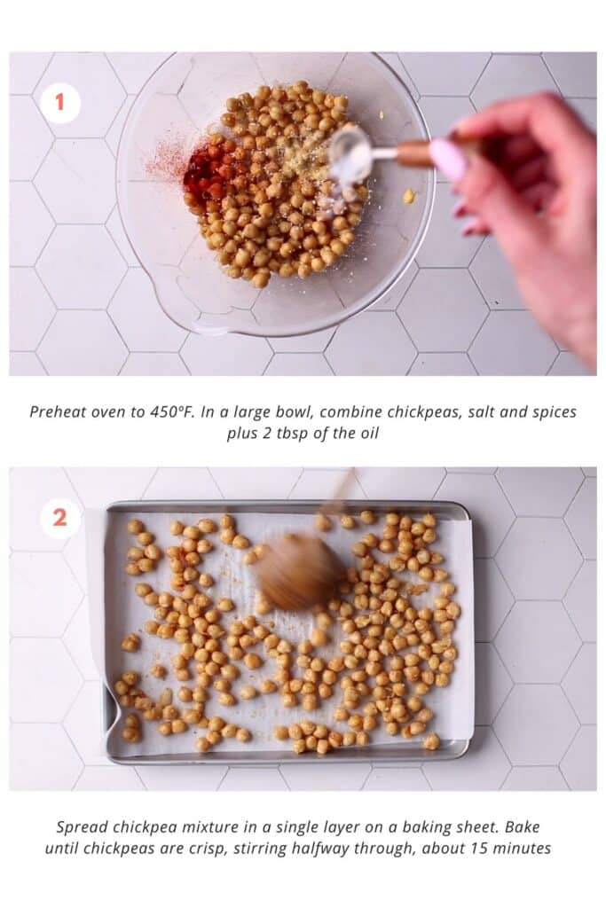 A tray filled with seasoned chickpeas arranged in a single layer, ready to be baked in the oven. The chickpeas are seasoned with salt and spices, along with 2 tablespoons of oil, and are evenly spread out on a baking sheet.