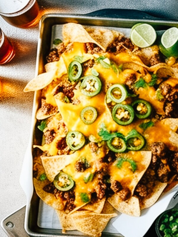 Game Day Nachos on a baking sheet with glasses of beer.