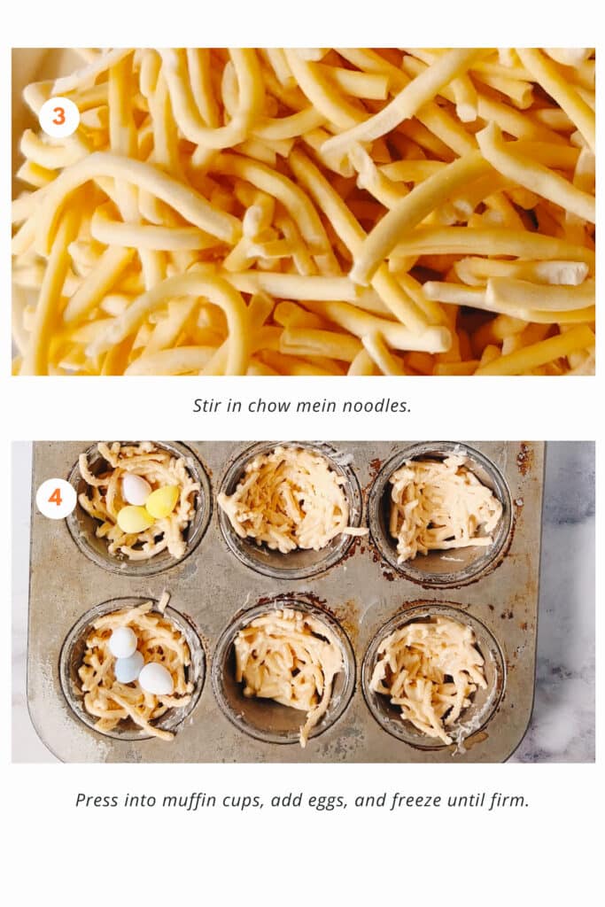 Adding chow mein and forming bird nest cookies in muffin tins.