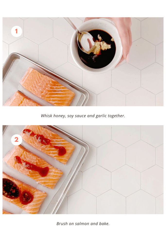 Steps for making honey teriyaki glazed salmon.