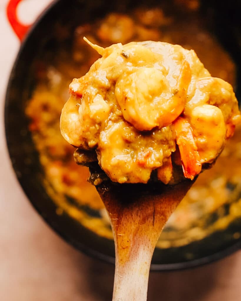 A spoonful of Jamaican Curry Shrimp.