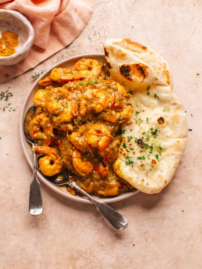 Curry shrimp with naan.