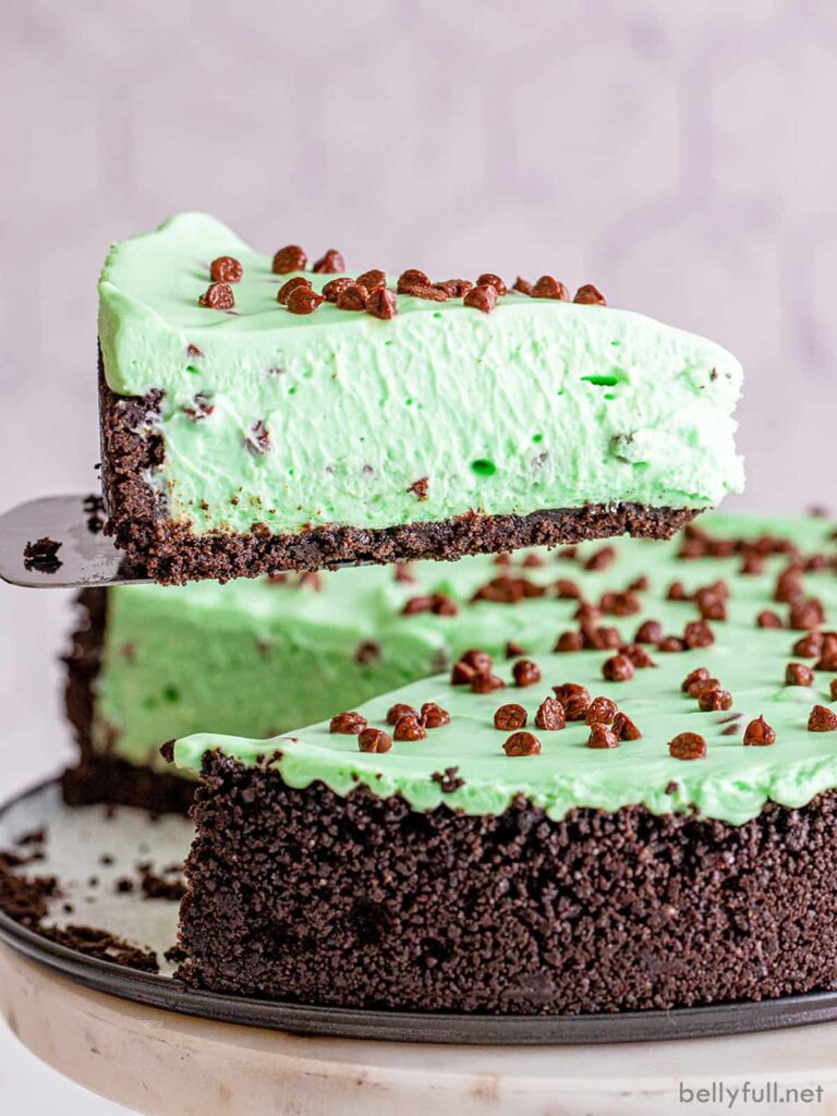 A slice of mint chocolate chip no-bake cheesecake on a spatula