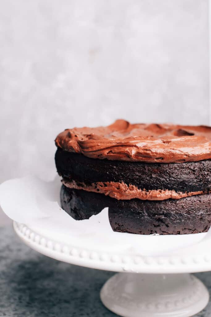 Layer cake with fluffy whipped chocolate frosting layers.