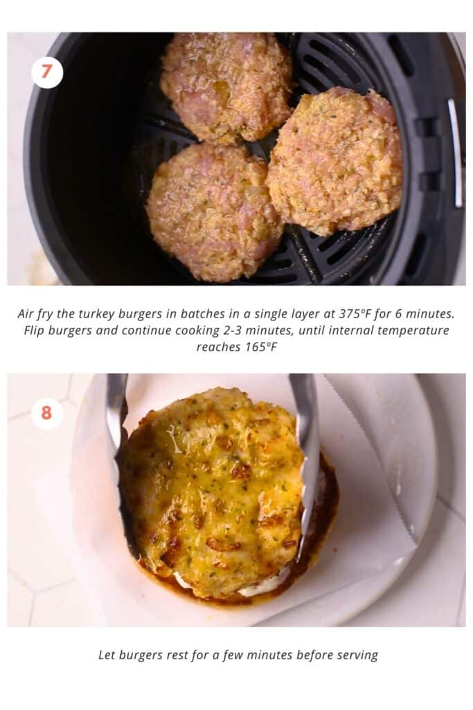 Air fryer basket with 3 uncooked turkey burgers on the bottom. The air fryer is set to 375°F. The instruction says to cook in batches in a single layer for 6 minutes and flip the burgers and cook for another 2-3 minutes until the internal temperature reaches 165°F. The burger patties are then placed over burger buns with mayo and lettuce.