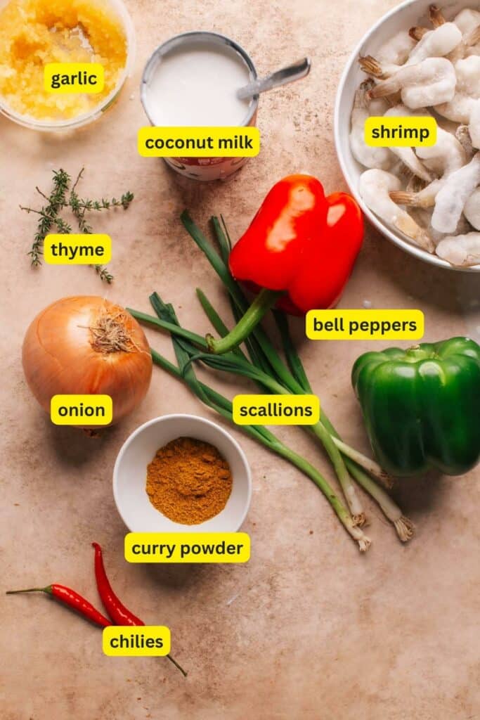 Colorful array of spices and vegetables necessary to make a delicious Jamaican Curry Shrimp recipe