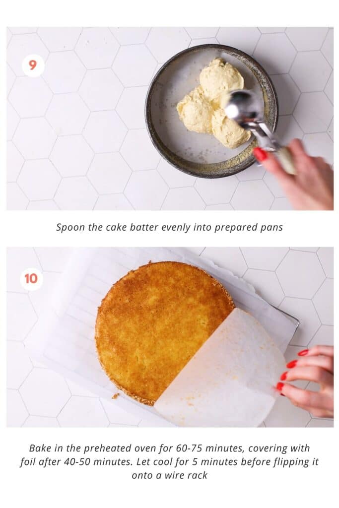 Instructions for adding cake batter into round pans and baking in pre-heated oven.